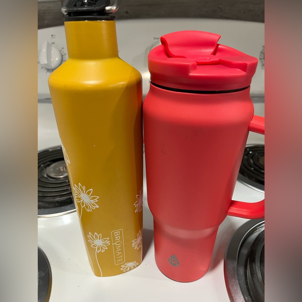 Yellow Floral Bottle and Red Travel Mug Set